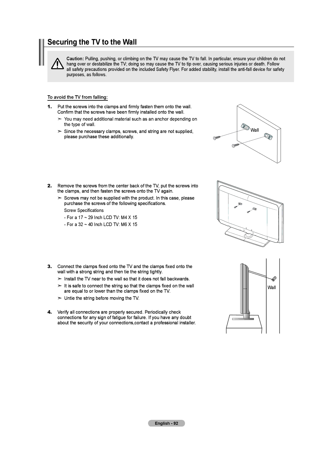 Samsung LN46A630 user manual Securing the TV to the Wall, To avoid the TV from falling, Please purchase these additionally 