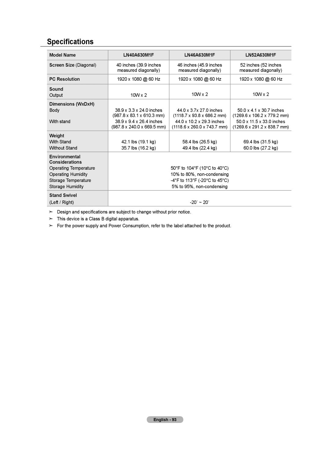 Samsung LN46A630 user manual Specifications 