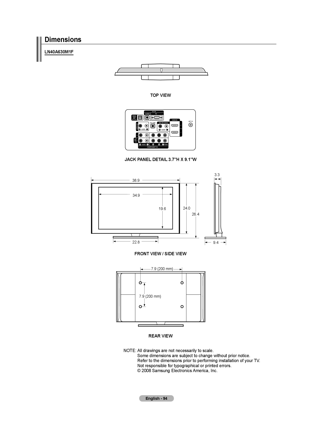 Samsung LN46A630 user manual Dimensions, TOP View 