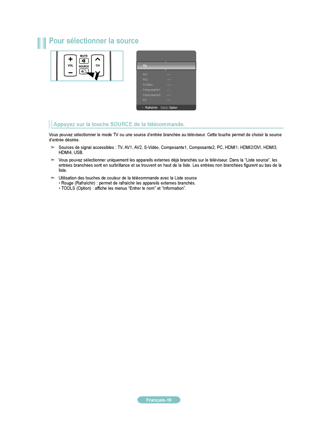 Samsung LN40A650A1F, LN46A650A1F, LN32A650A1F Pour sélectionner la source, Appuyez sur la touche Source de la télécommande 