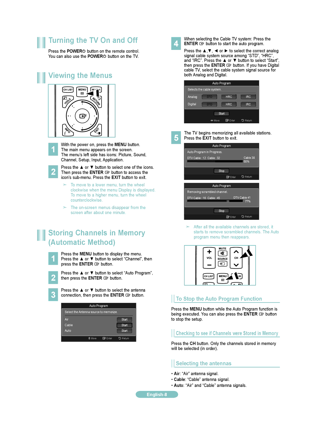 Samsung LN46A650A1F, LN40A650A1F setup guide Turning the TV On and Off, Viewing the Menus, To Stop the Auto Program Function 