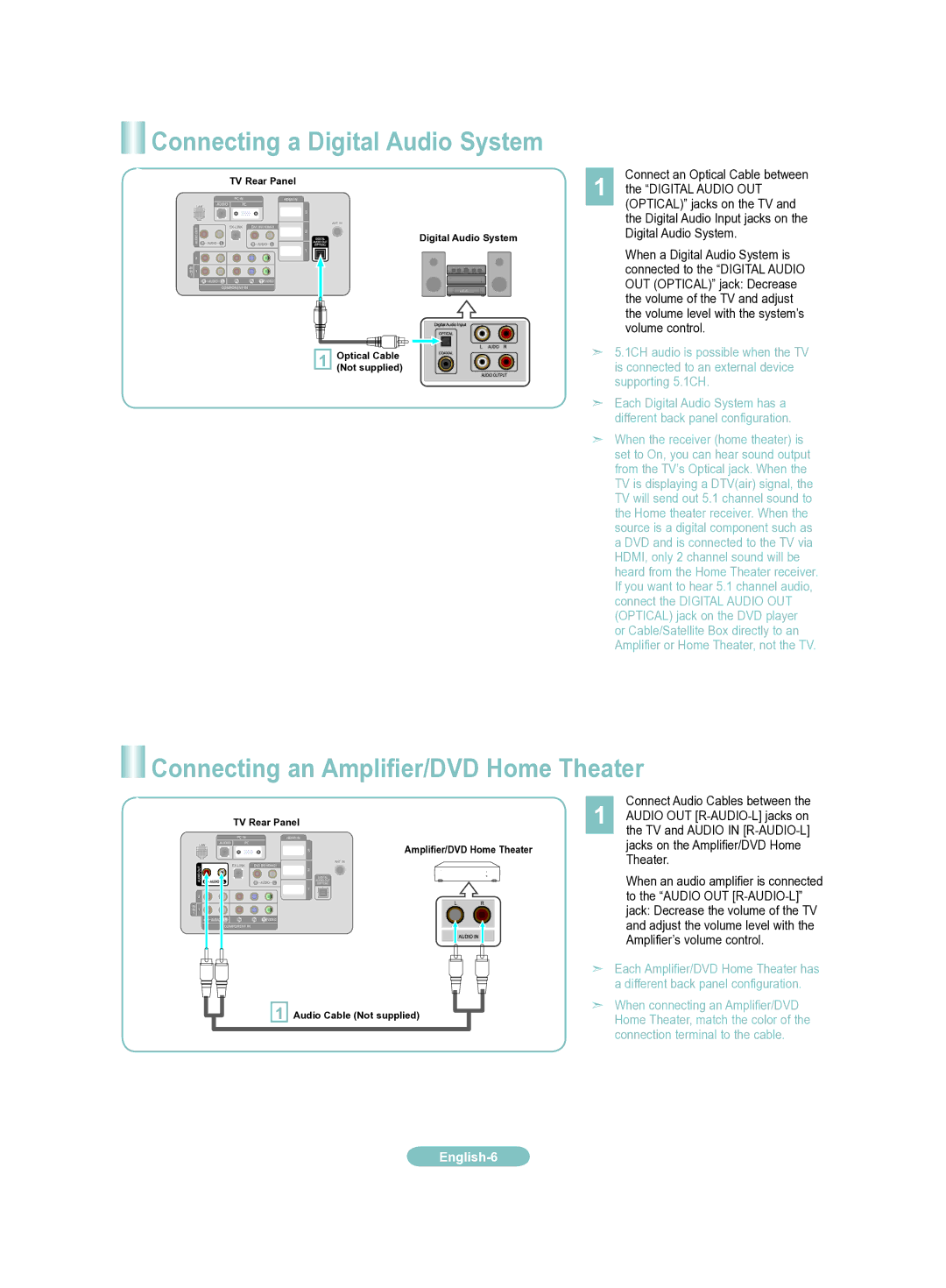 Samsung LN32A650AF, LN46A650AF, LN52A650AF Connecting a Digital Audio System, Connecting an Amplifier/DVD Home Theater 