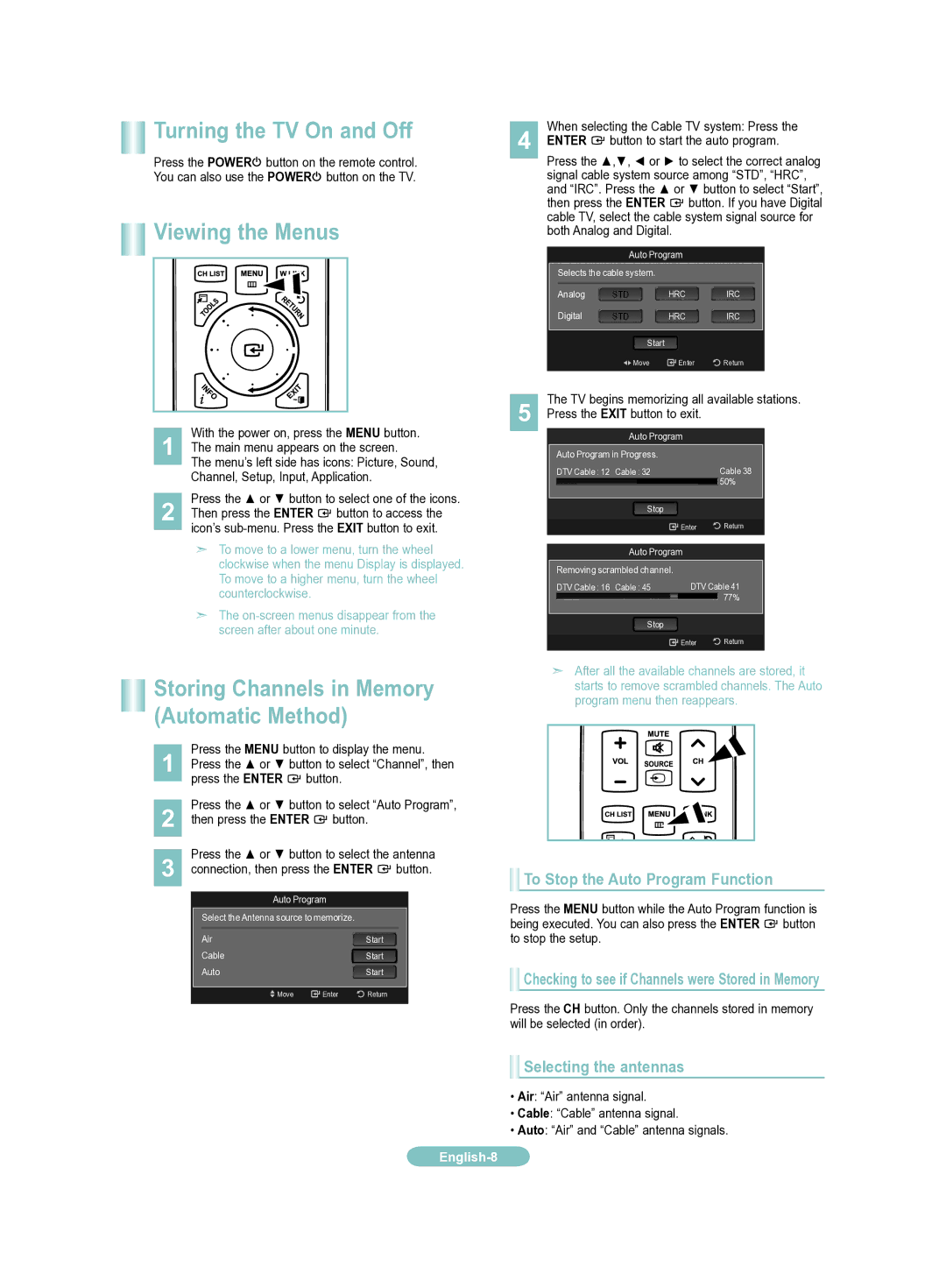 Samsung LN46A650AF, LN52A650AF Turning the TV On and Off, Viewing the Menus, Storing Channels in Memory Automatic Method 