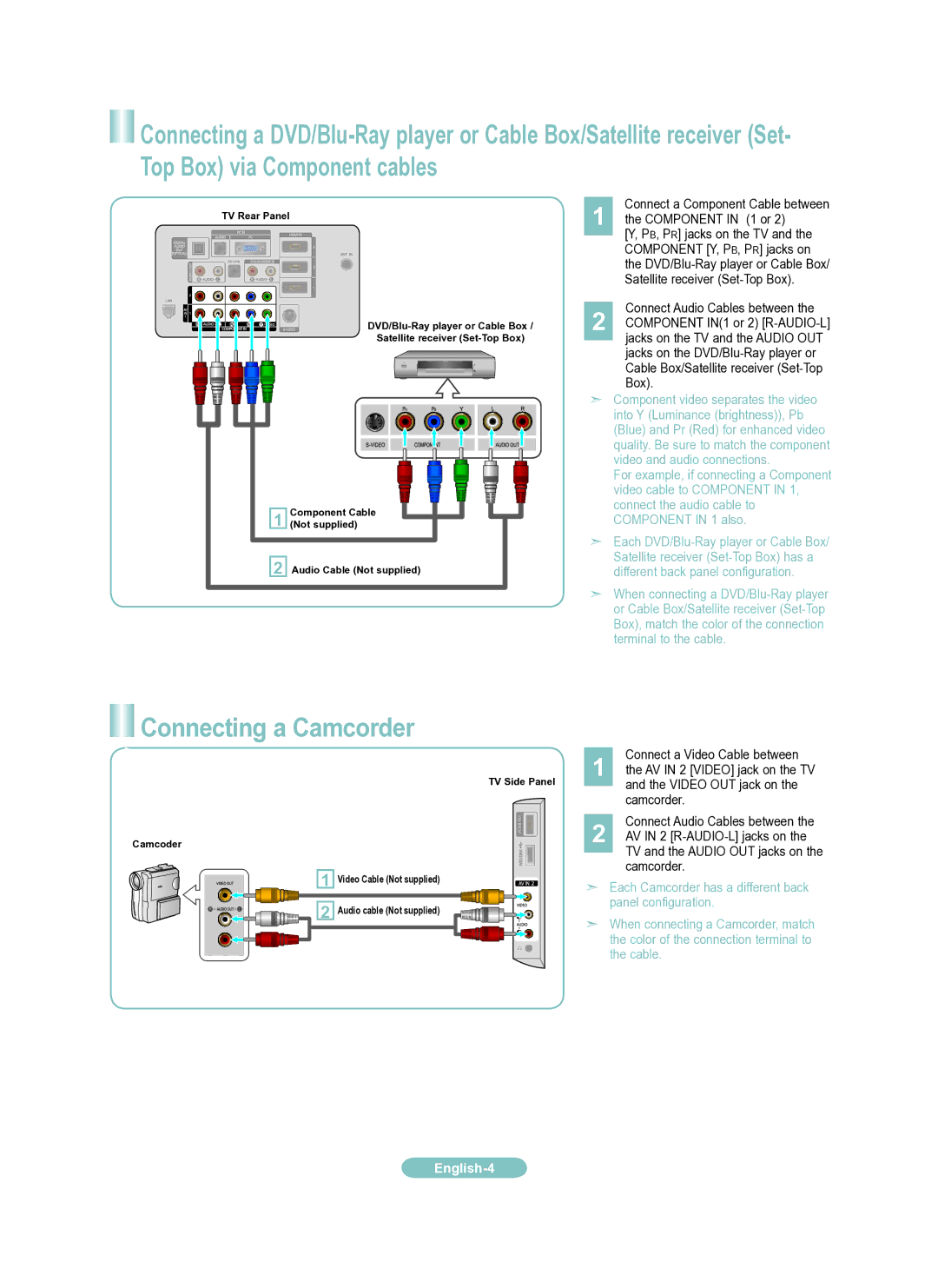 Samsung LN46A950 Connecting a Camcorder, Component in 1 or, Component Y, P B, P R jacks on, Satellite receiver Set-Top Box 