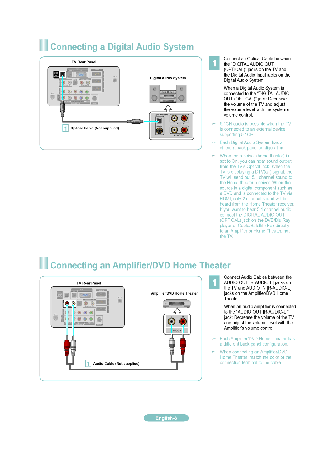 Samsung LN46A950 setup guide Connecting a Digital Audio System, Connecting an Amplifier/DVD Home Theater 