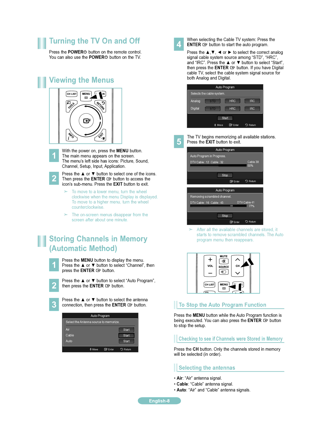 Samsung LN46A950 Turning the TV On and Off, Viewing the Menus, To Stop the Auto Program Function, Selecting the antennas 