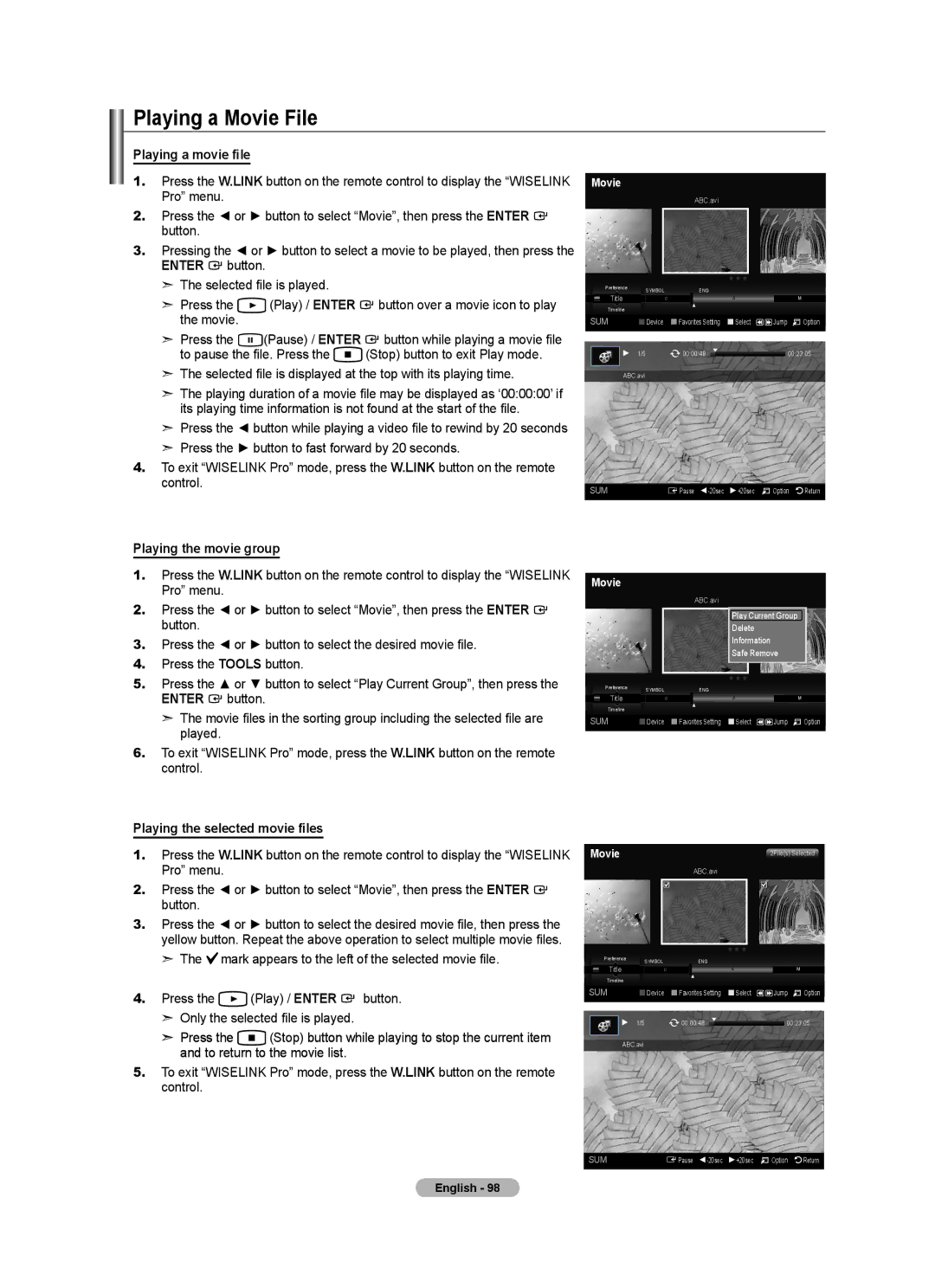 Samsung LN46A950D1F Playing a Movie File, Playing a movie file, Playing the movie group, Playing the selected movie files 