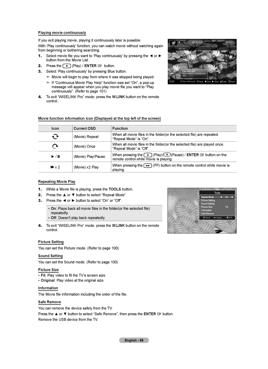 Samsung LN55A950D1F, LN46A950D1F user manual Playing movie continuously, Current OSD Function, Repeating Movie Play 