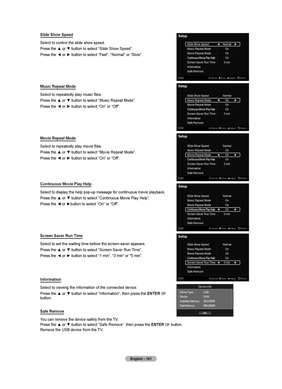 Samsung LN55A950D1F, LN46A950D1F Music Repeat Mode, Movie Repeat Mode, Continuous Movie Play Help, Screen Saver Run Time 