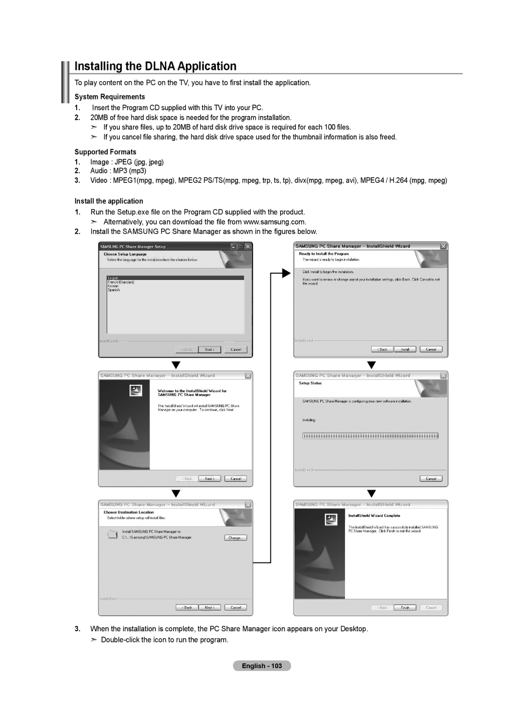 Samsung LN55A950D1F Installing the Dlna Application, System Requirements, Supported Formats, Install the application 