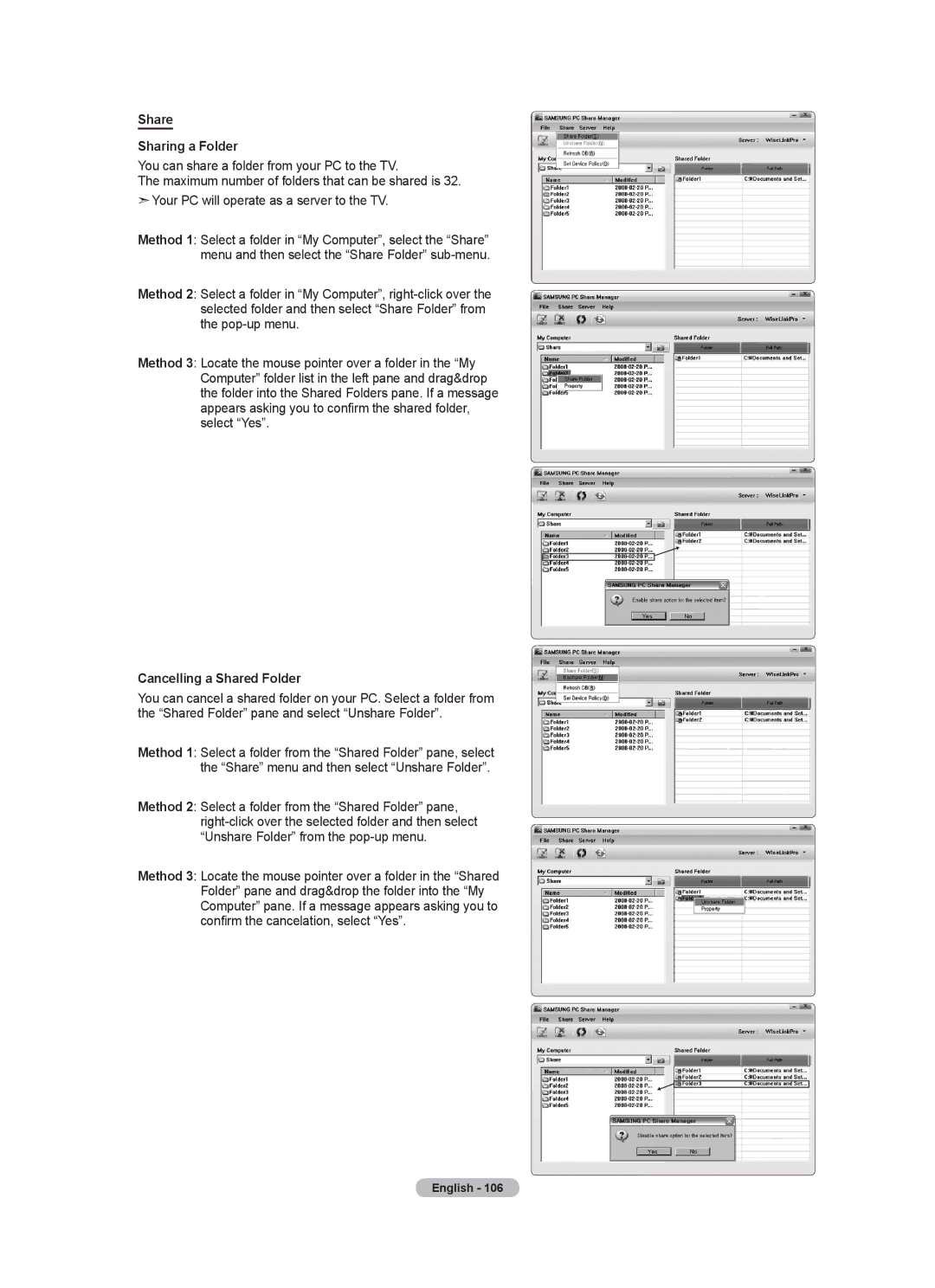 Samsung LN46A950D1F, LN55A950D1F user manual Share Sharing a Folder, Cancelling a Shared Folder 