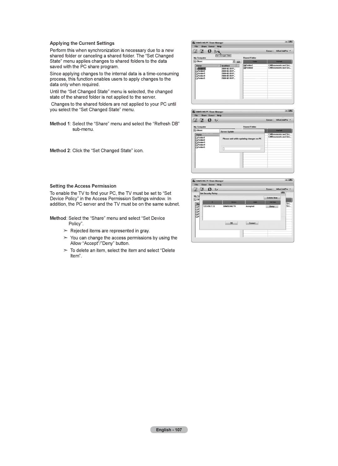 Samsung LN55A950D1F, LN46A950D1F user manual Applying the Current Settings, Setting the Access Permission 