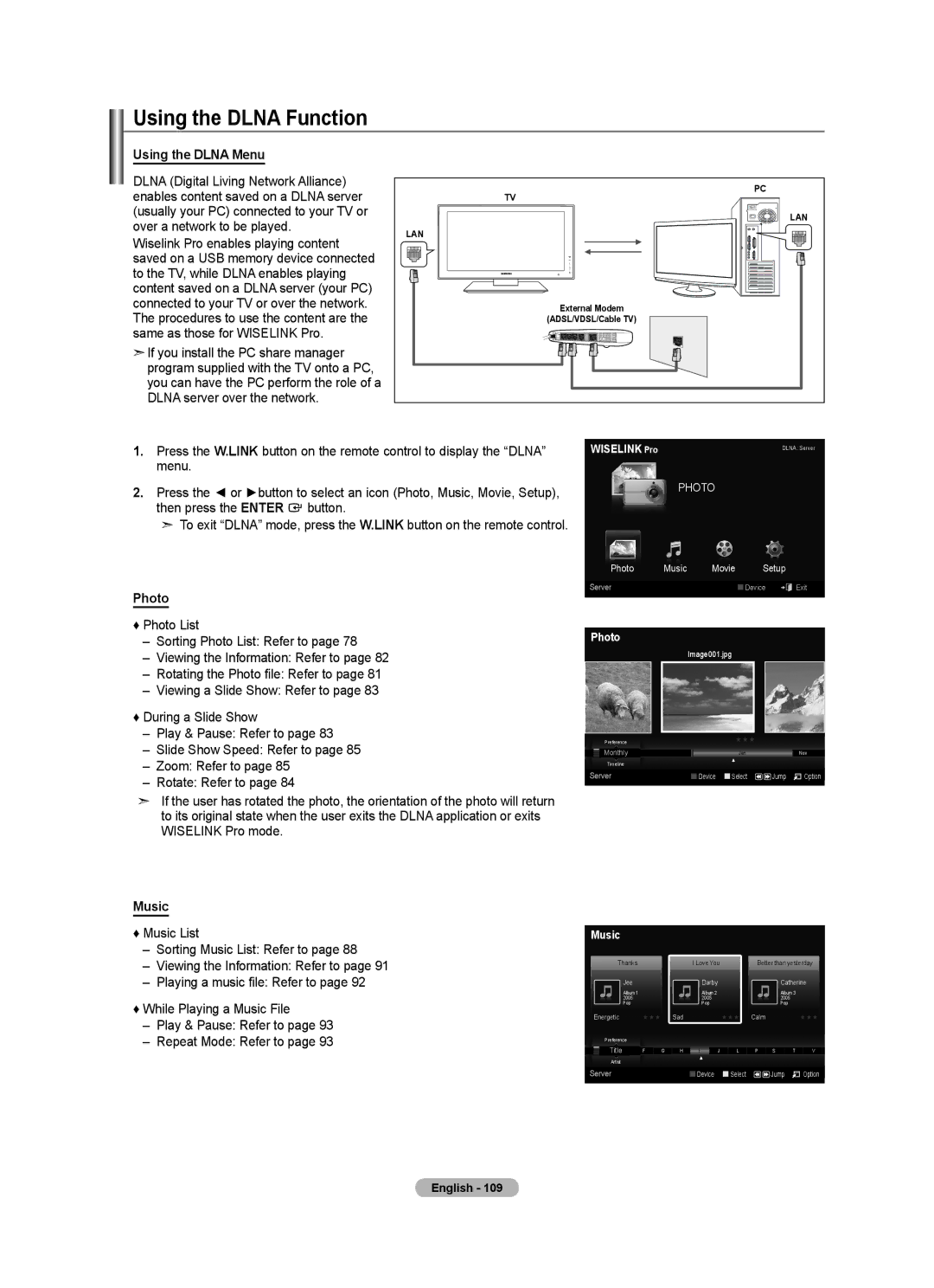 Samsung LN55A950D1F, LN46A950D1F user manual Using the Dlna Function, Using the Dlna Menu, Photo, Music 