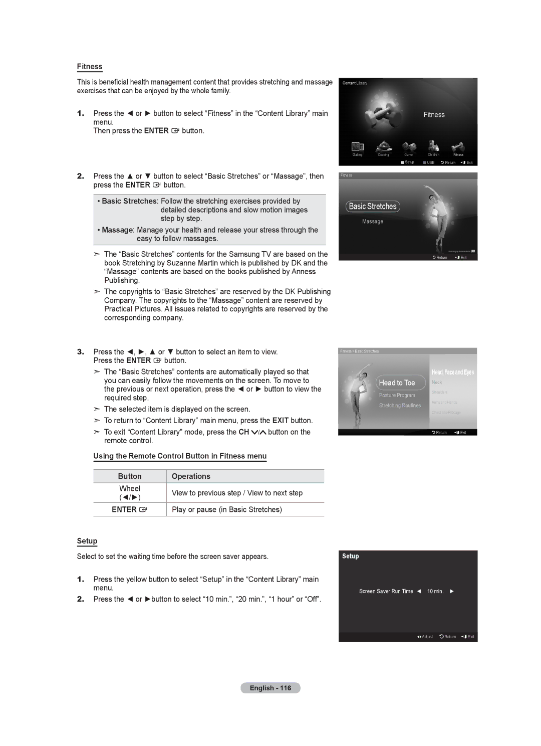 Samsung LN46A950D1F Using the Remote Control Button in Fitness menu Operations, Play or pause in Basic Stretches 