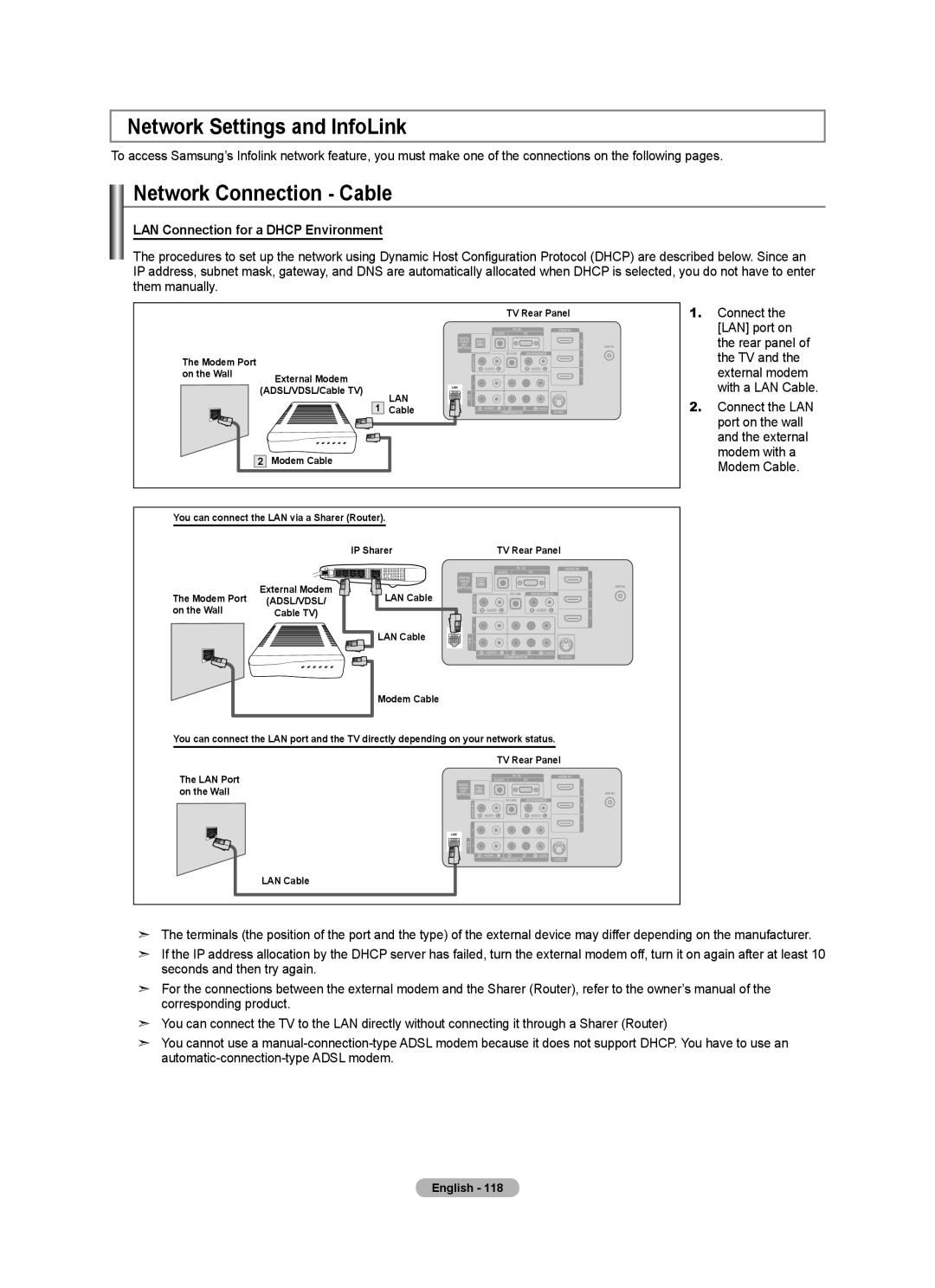 Samsung LN46A950D1F Network Settings and InfoLink, Network Connection Cable, LAN Connection for a Dhcp Environment 