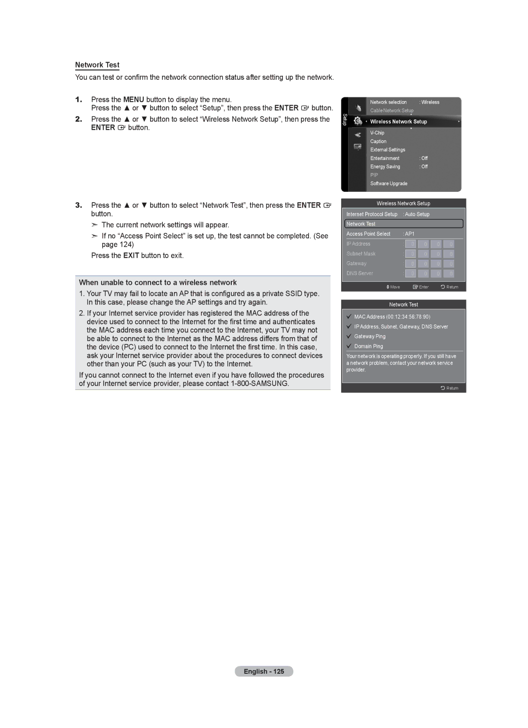 Samsung LN55A950D1F, LN46A950D1F user manual Network Test, When unable to connect to a wireless network 