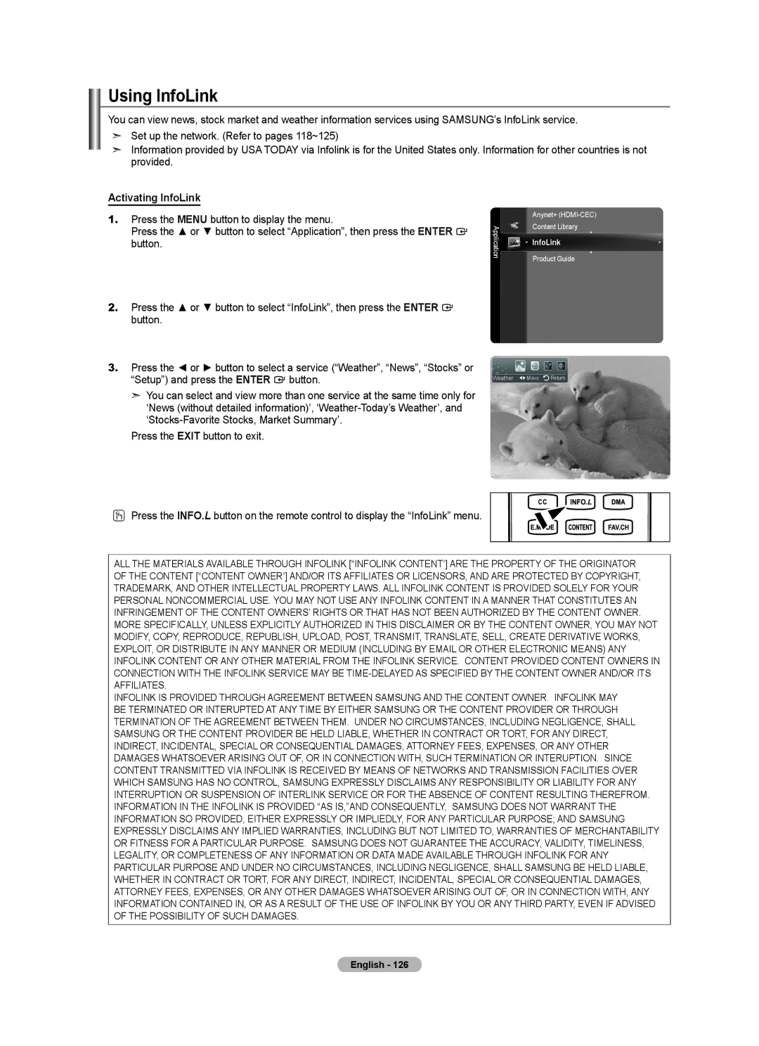 Samsung LN46A950D1F, LN55A950D1F user manual Using InfoLink, Activating InfoLink 