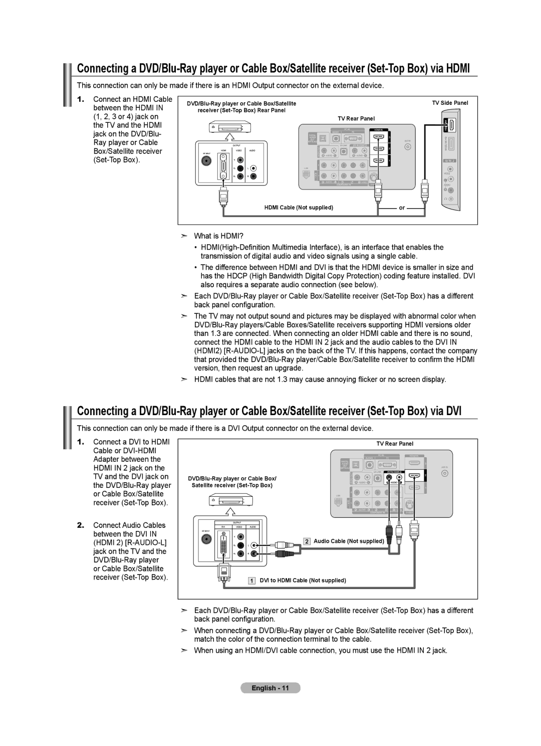 Samsung LN55A950D1F, LN46A950D1F user manual DVD/Blu-Ray player or Cable Box/Satellite TV Side Panel 