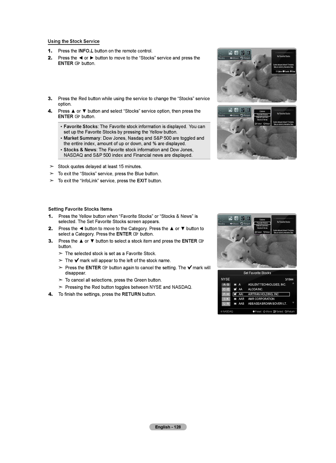 Samsung LN46A950D1F, LN55A950D1F user manual Using the Stock Service, Setting Favorite Stocks Items 