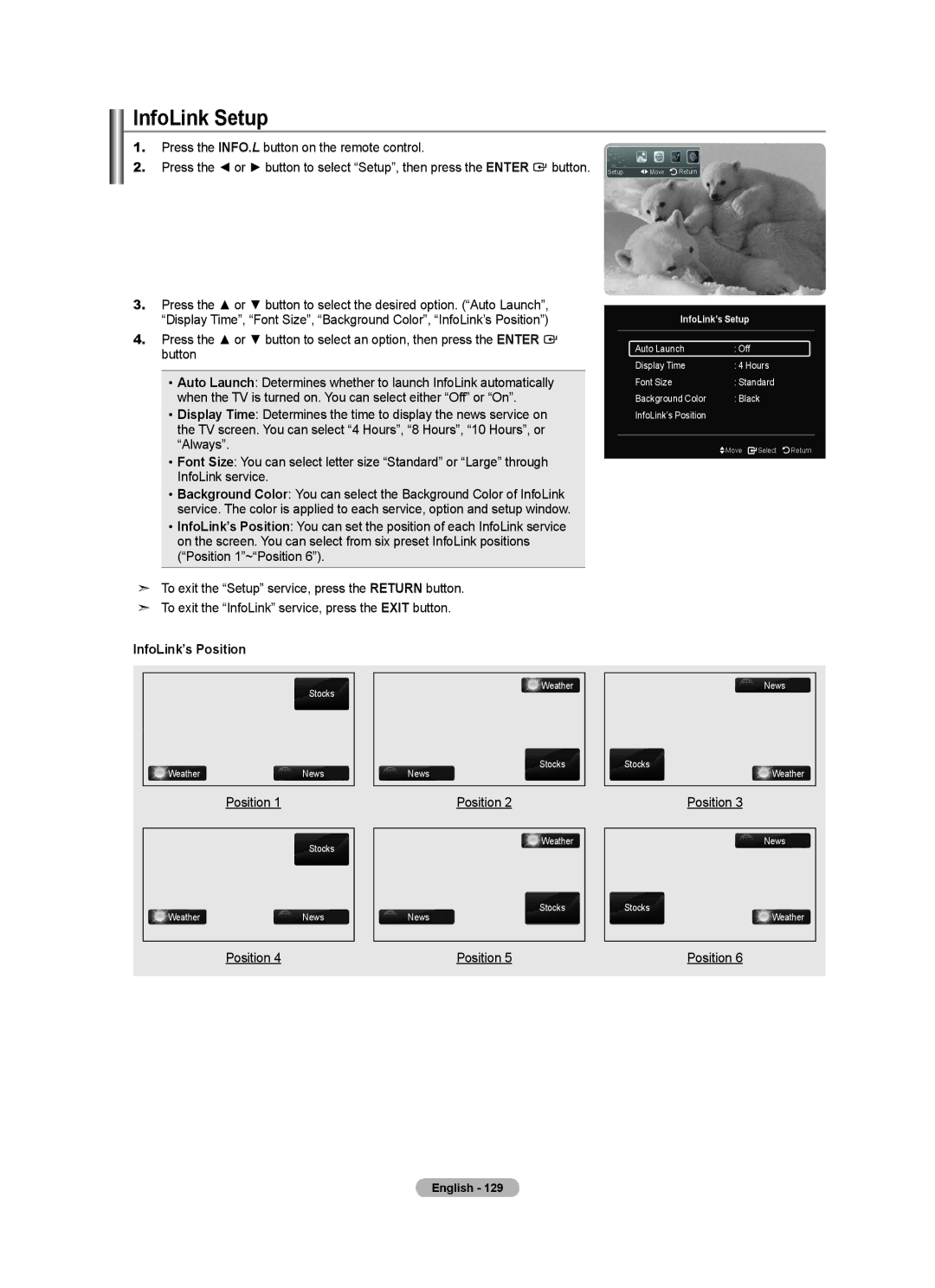 Samsung LN55A950D1F, LN46A950D1F user manual InfoLink Setup, InfoLink’s Position, InfoLink’s Setup 