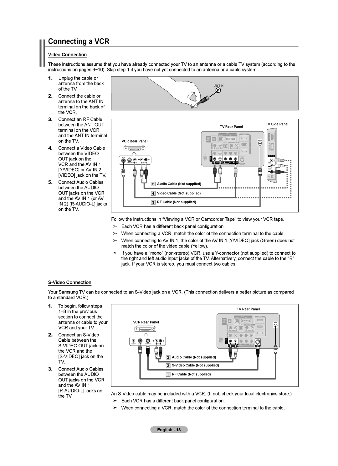 Samsung LN55A950D1F, LN46A950D1F user manual Connecting a VCR, Video Connection 