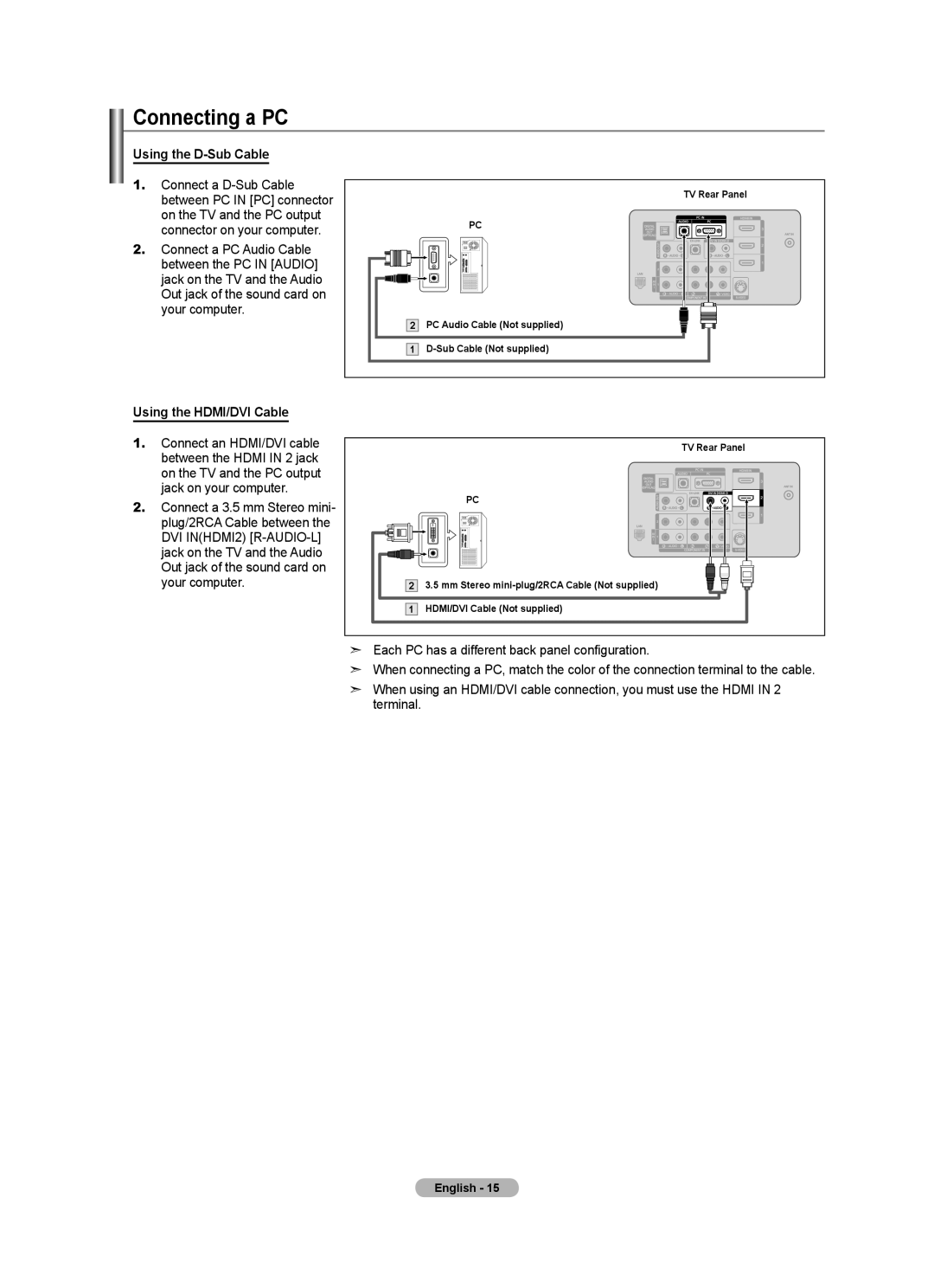 Samsung LN55A950D1F, LN46A950D1F user manual Connecting a PC, Using the D-Sub Cable, Using the HDMI/DVI Cable 