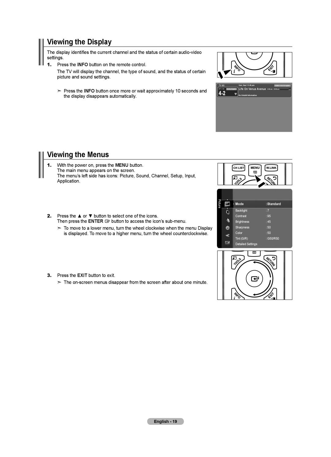 Samsung LN55A950D1F, LN46A950D1F Viewing the Display, Viewing the Menus, Press the or button to select one of the icons 