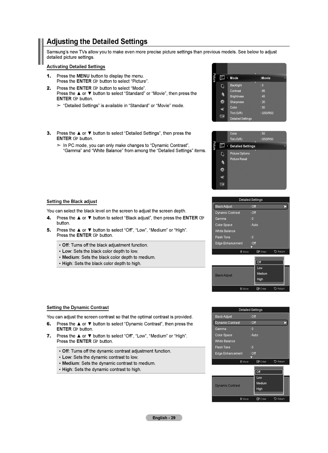 Samsung LN55A950D1F, LN46A950D1F Adjusting the Detailed Settings, Activating Detailed Settings, Setting the Black adjust 