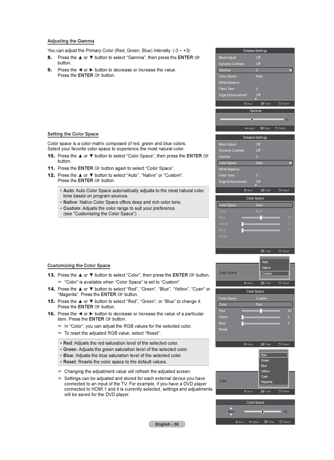 Samsung LN46A950D1F, LN55A950D1F user manual Adjusting the Gamma, Setting the Color Space, Customizing the Color Space 