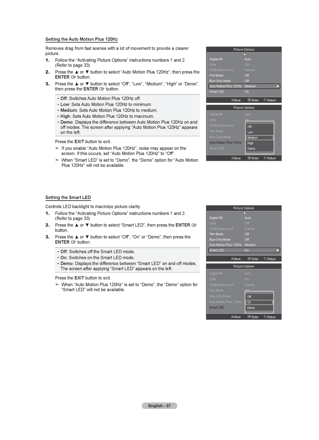 Samsung LN55A950D1F, LN46A950D1F user manual Setting the Auto Motion Plus 120Hz, Setting the Smart LED 