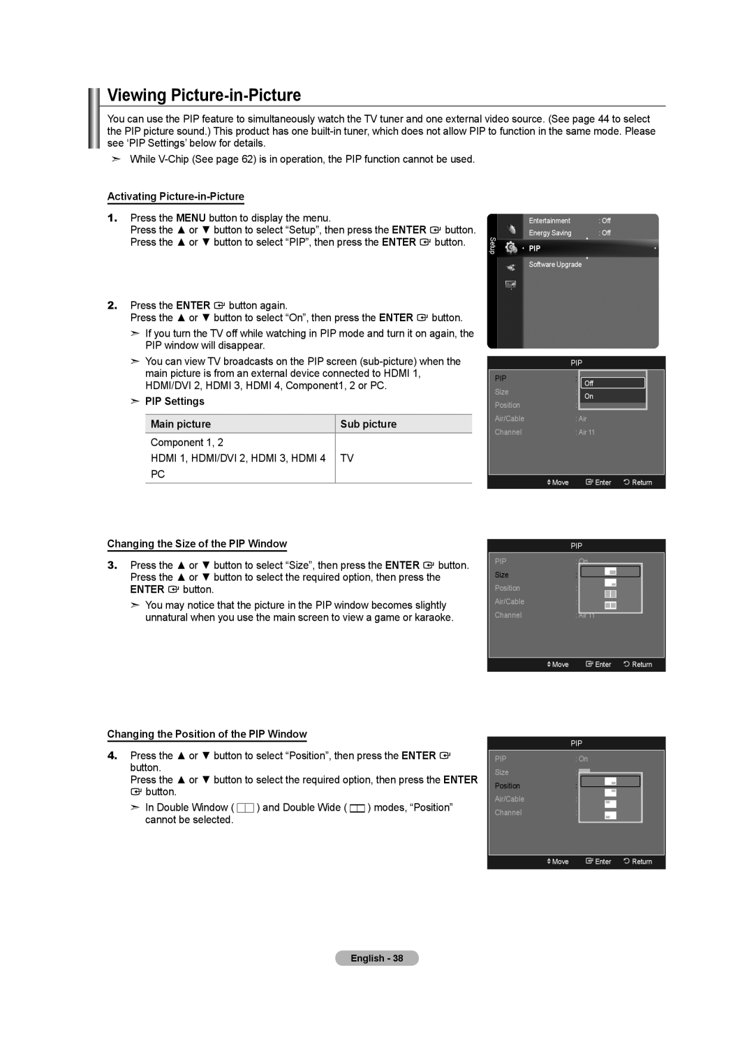 Samsung LN46A950D1F Viewing Picture-in-Picture, Activating Picture-in-Picture, PIP Settings Main picture Sub picture 