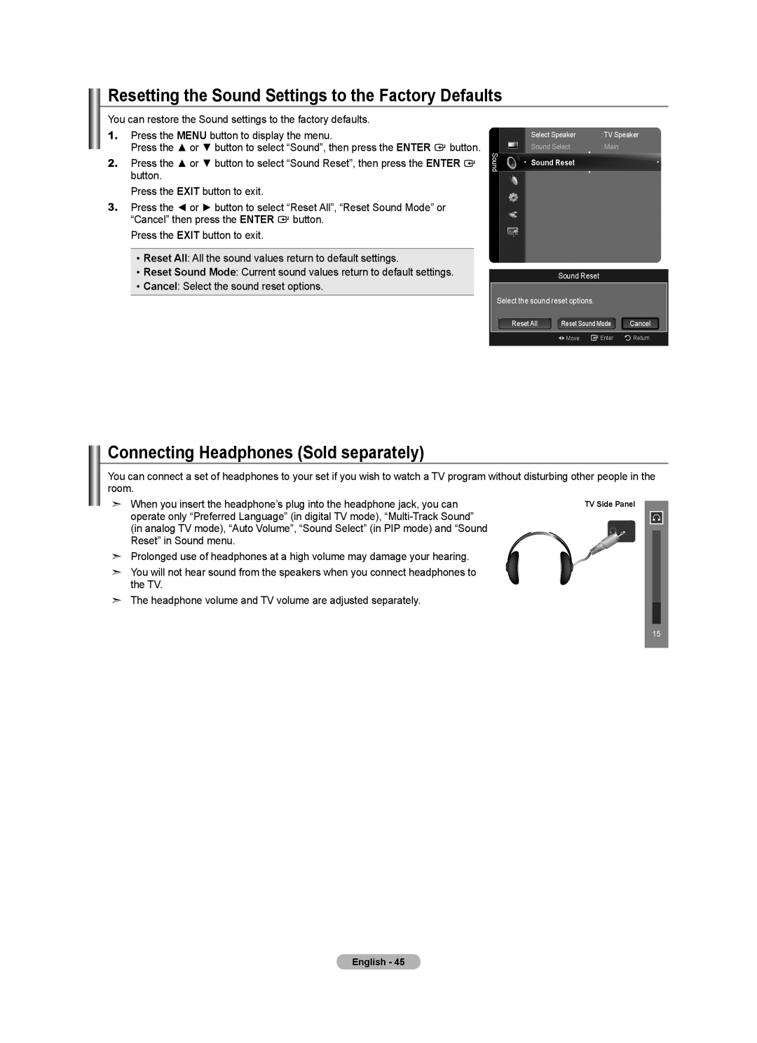 Samsung LN55A950D1F user manual Resetting the Sound Settings to the Factory Defaults, Connecting Headphones Sold separately 