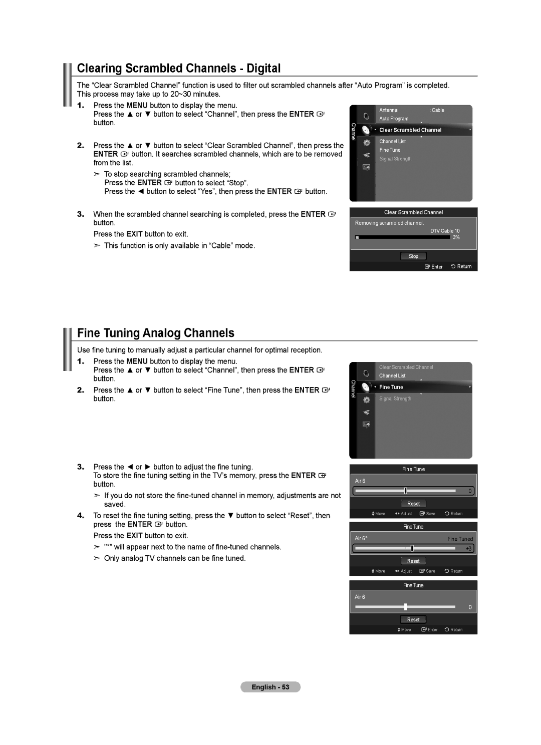 Samsung LN55A950D1F, LN46A950D1F user manual Clearing Scrambled Channels Digital, Fine Tuning Analog Channels, Fine Tune 