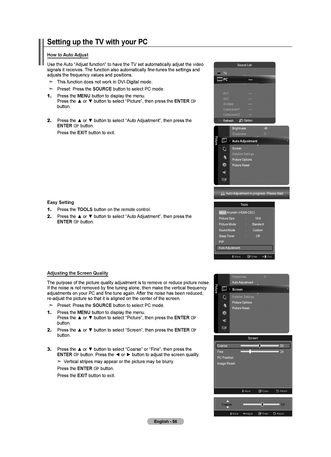 Samsung LN46A950D1F Setting up the TV with your PC, How to Auto Adjust, Adjusting the Screen Quality, Auto Adjustment 