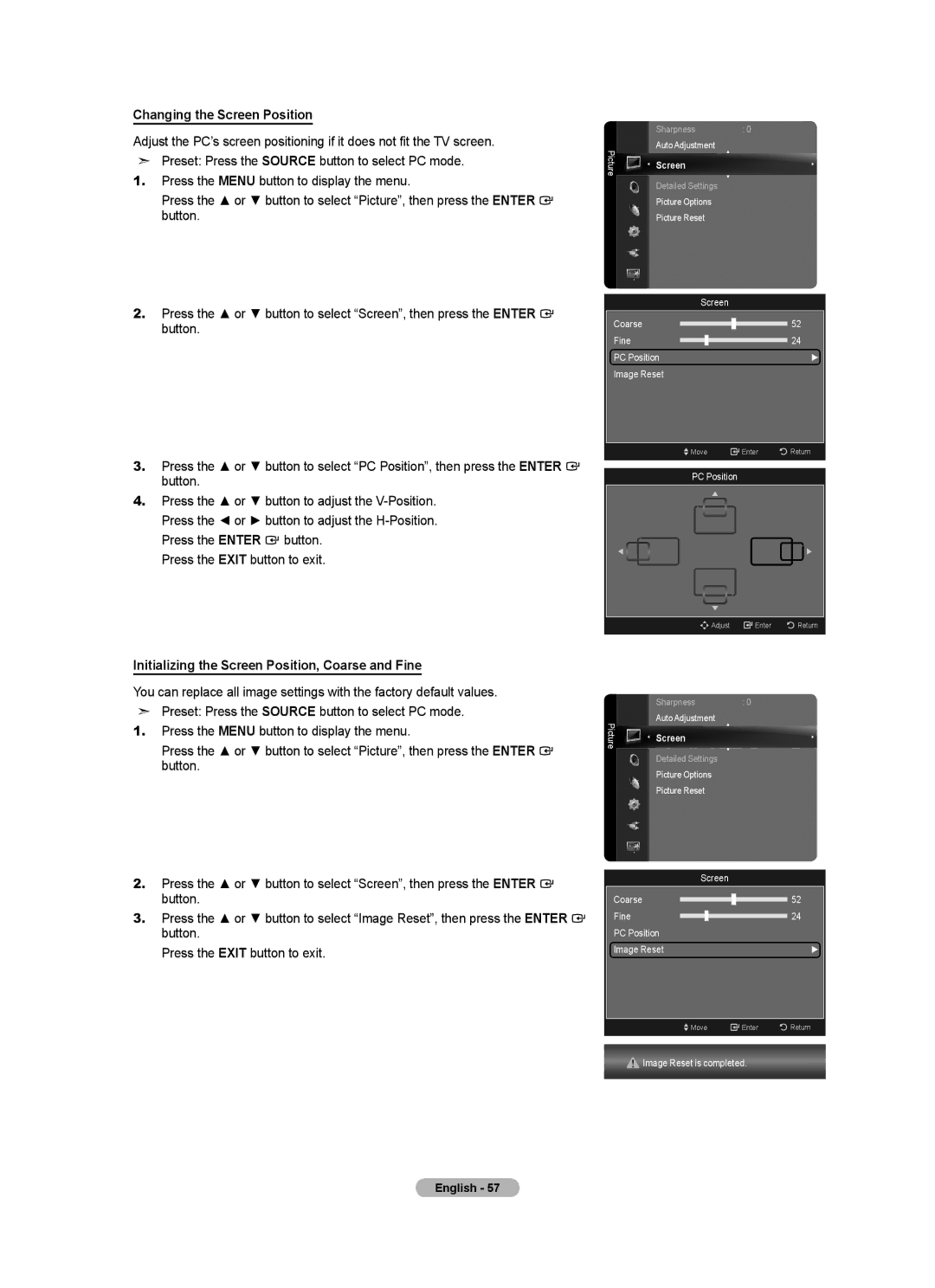 Samsung LN55A950D1F, LN46A950D1F user manual Changing the Screen Position, Initializing the Screen Position, Coarse and Fine 