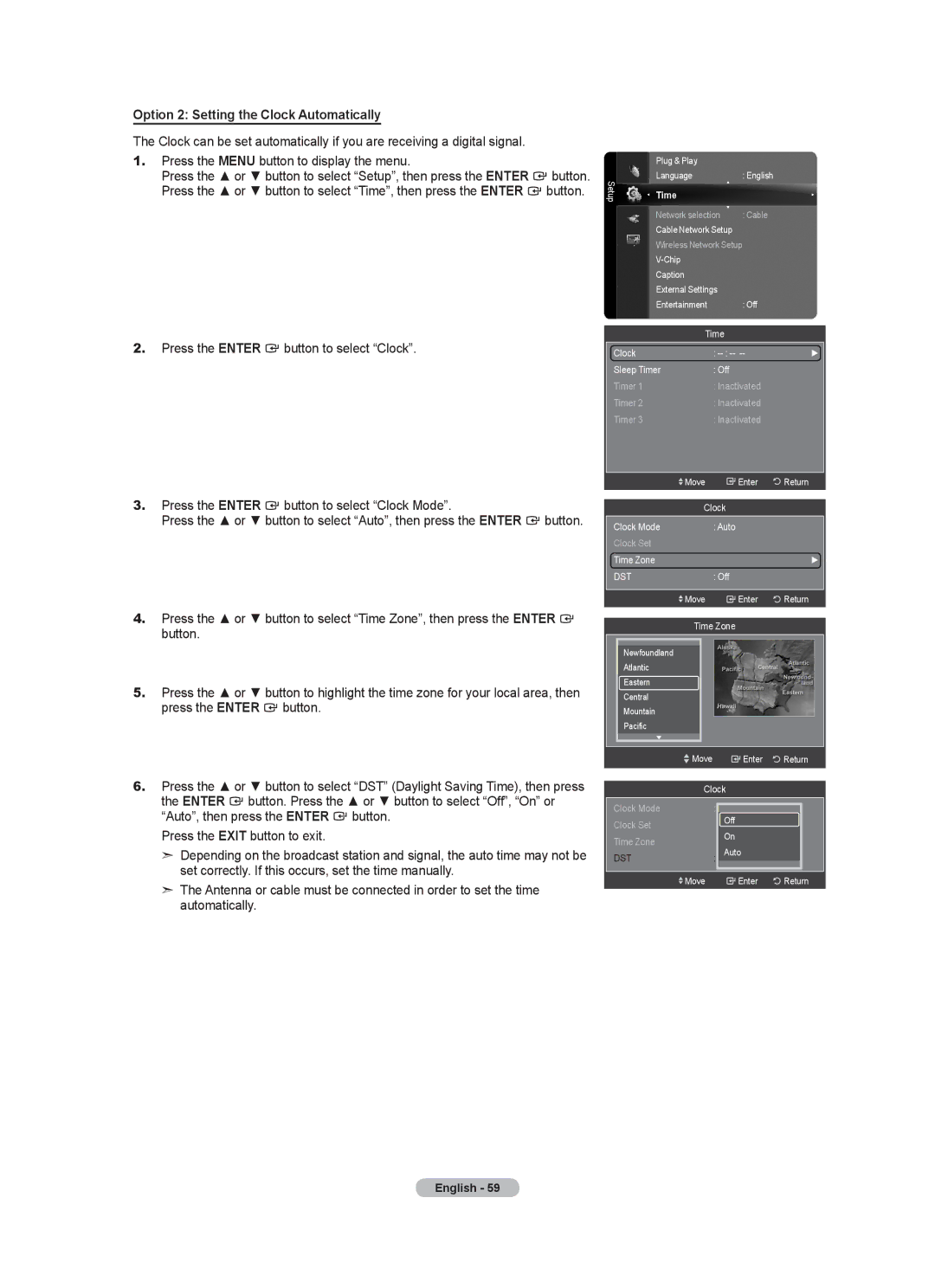 Samsung LN55A950D1F, LN46A950D1F user manual Option 2 Setting the Clock Automatically 