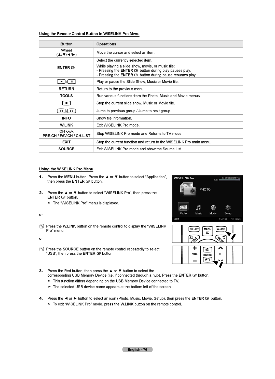 Samsung LN46A950D1F, LN55A950D1F user manual Source, Using the Wiselink Pro Menu 