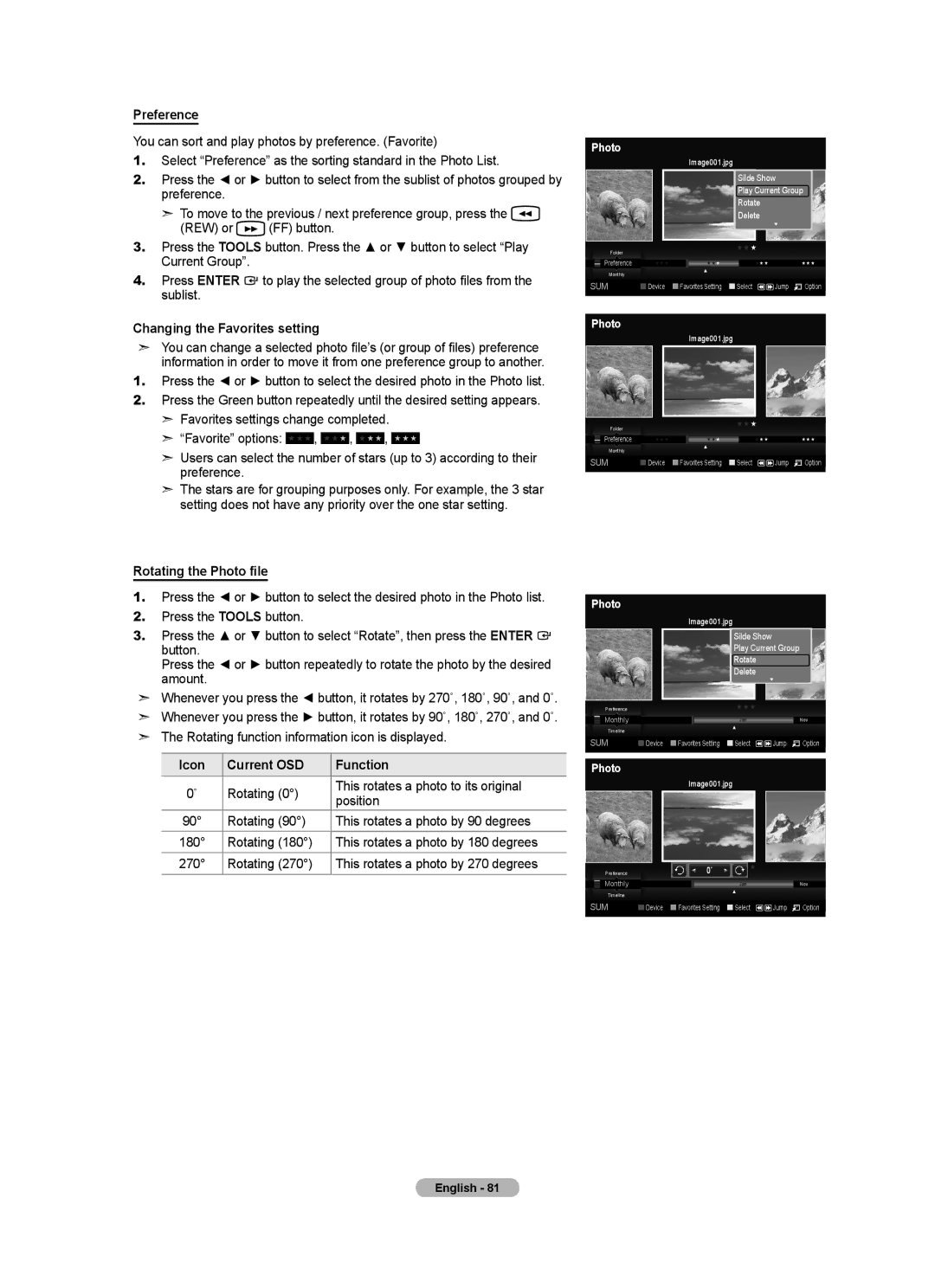 Samsung LN55A950D1F Preference, Changing the Favorites setting, Rotating the Photo file, Icon Current OSD Function 