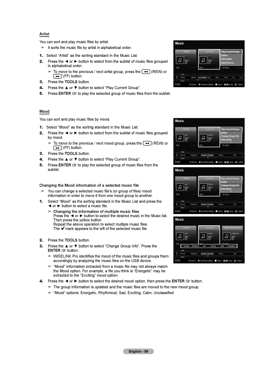 Samsung LN55A950D1F, LN46A950D1F user manual Artist, Changing the Mood information of a selected music file 