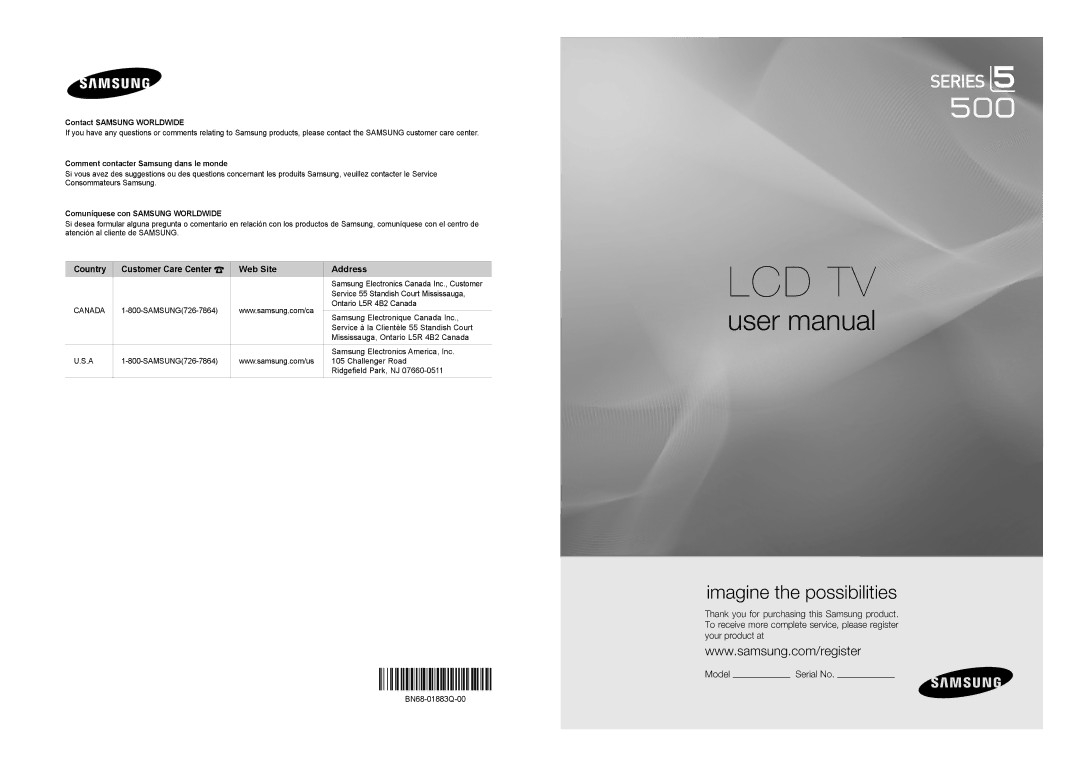 Samsung LN40B500, LN46B500 user manual Country Customer Care Center Web Site Address, Contact Samsung Worldwide 