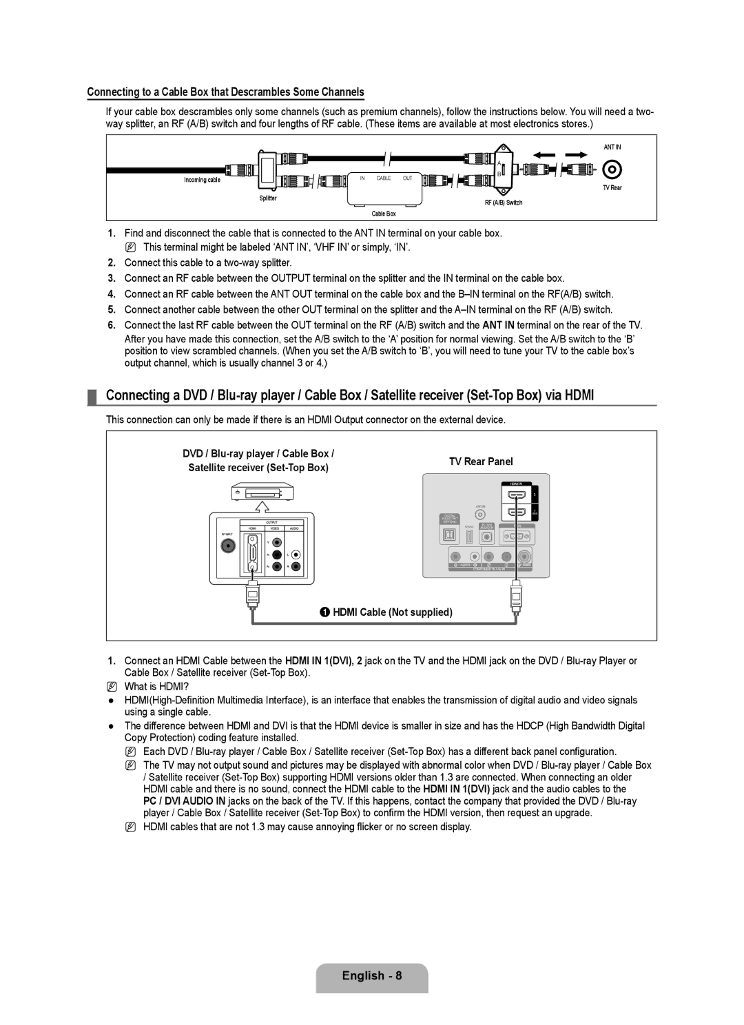 Samsung LN46B500, LN40B500 user manual Connecting to a Cable Box that Descrambles Some Channels, Hdmi Cable Not supplied 