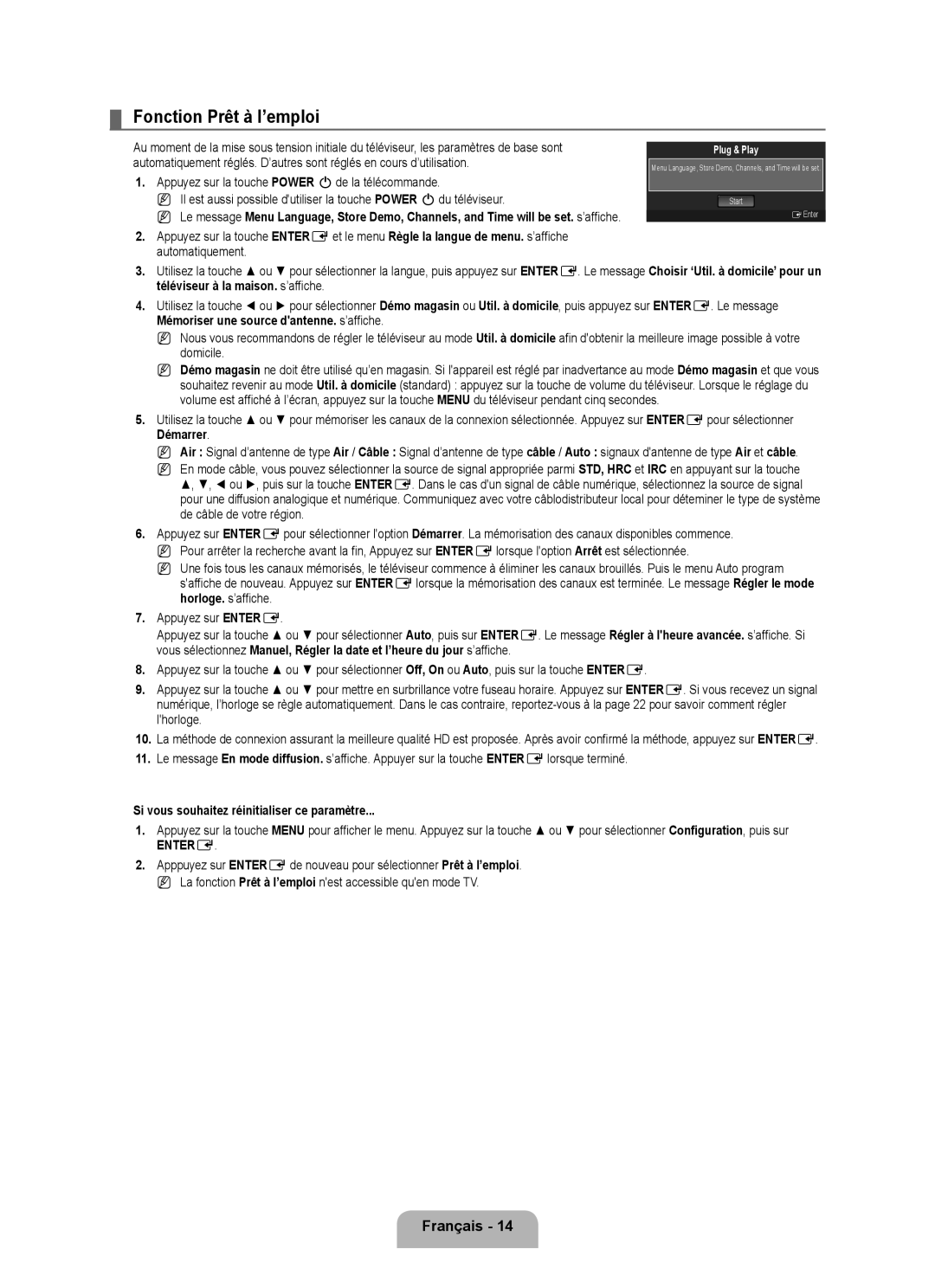 Samsung LN46B500, LN40B500 user manual Fonction Prêt à I’emploi, Si vous souhaitez réinitialiser ce paramètre 