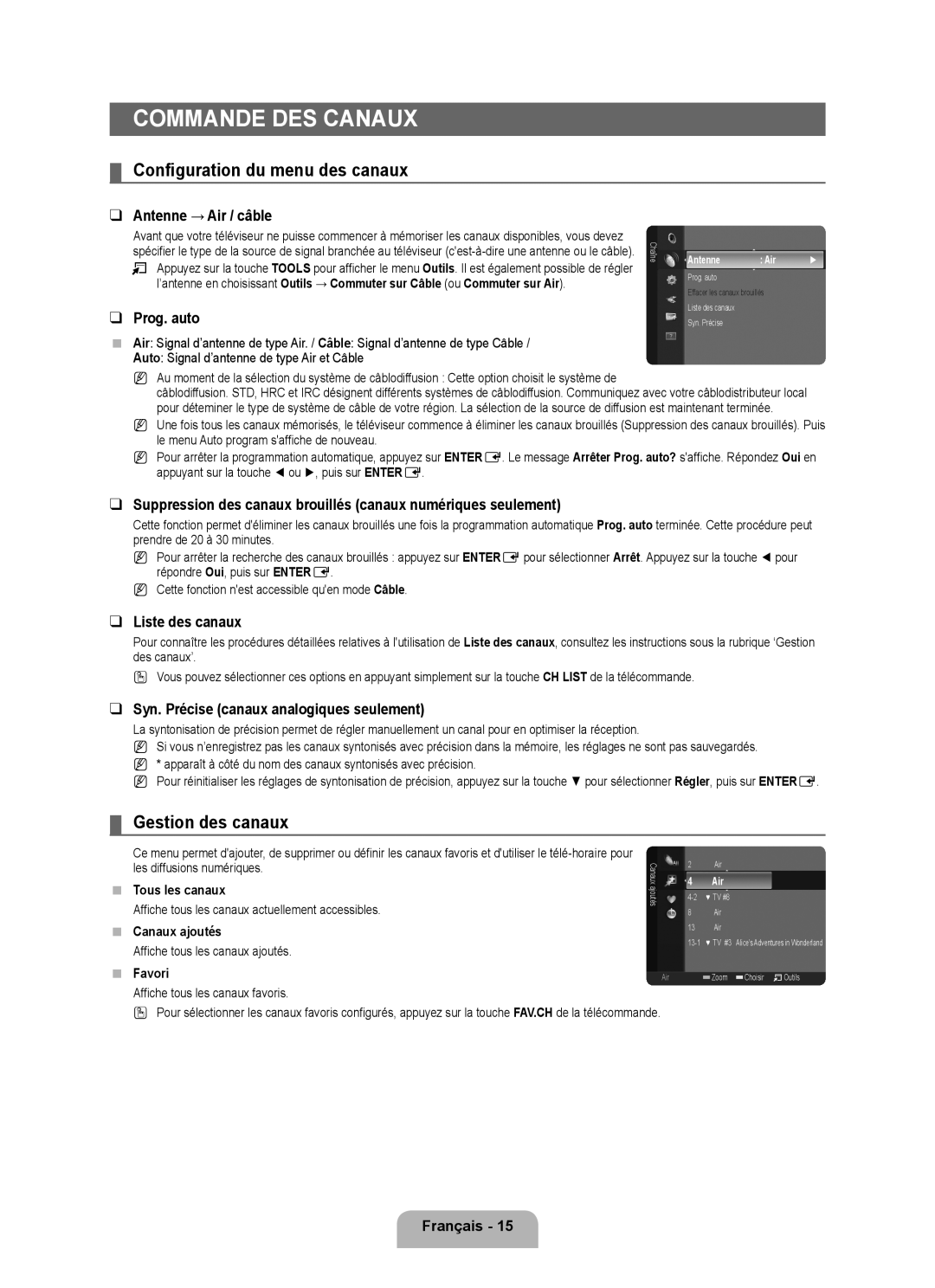 Samsung LN40B500, LN46B500 user manual Commande des canaux, Configuration du menu des canaux, Gestion des canaux 