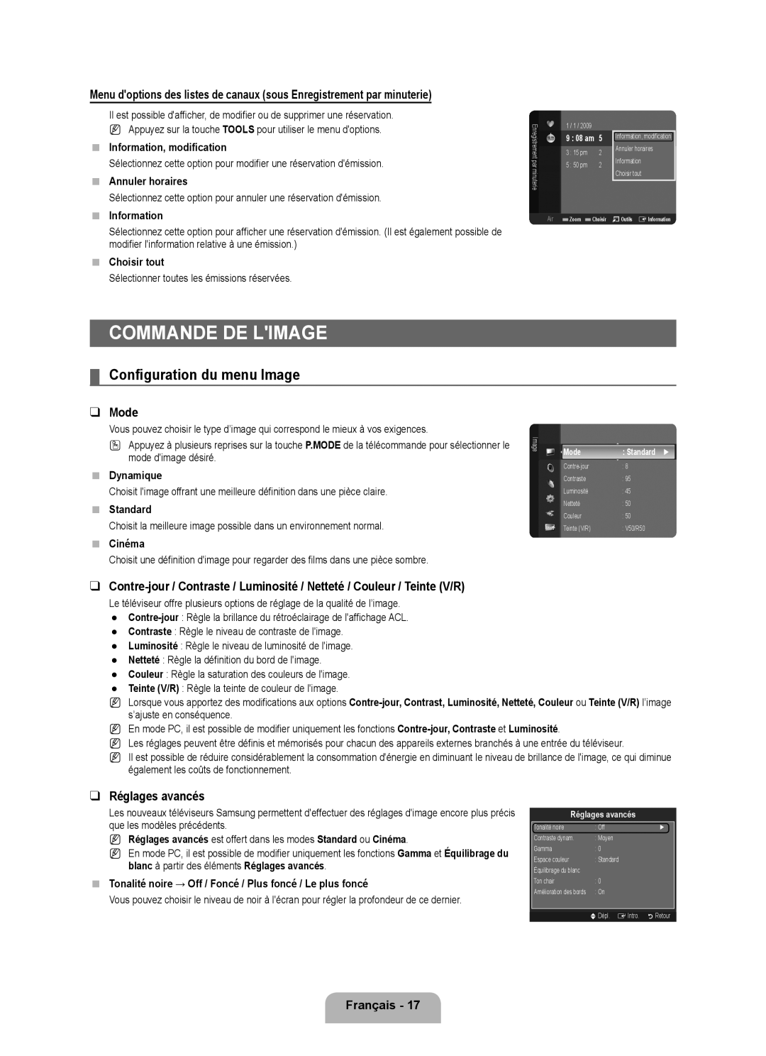 Samsung LN40B500, LN46B500 user manual Commande de limage, Configuration du menu Image, Réglages avancés 