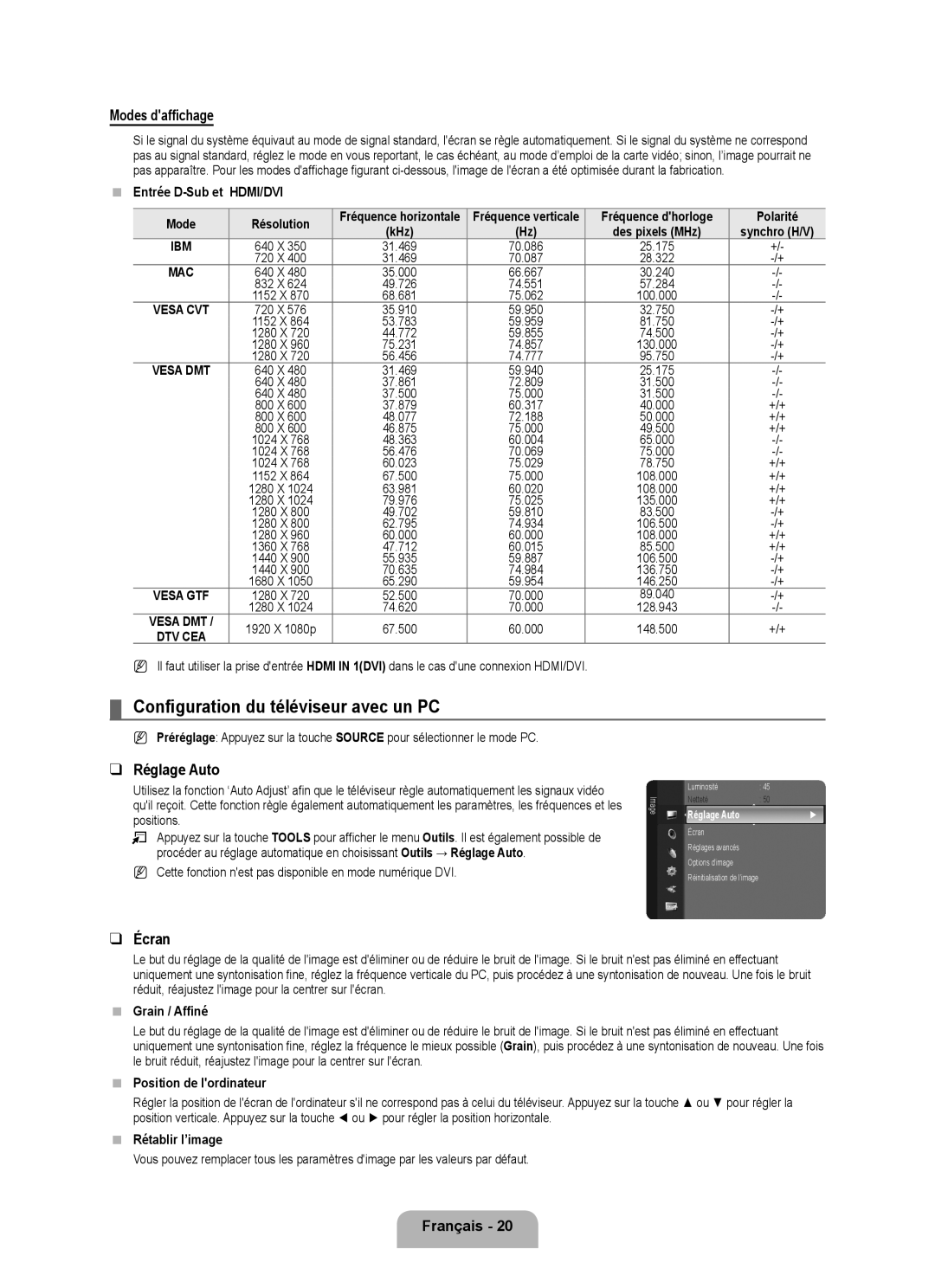 Samsung LN46B500, LN40B500 user manual Configuration du téléviseur avec un PC, Modes daffichage, Réglage Auto, Écran 