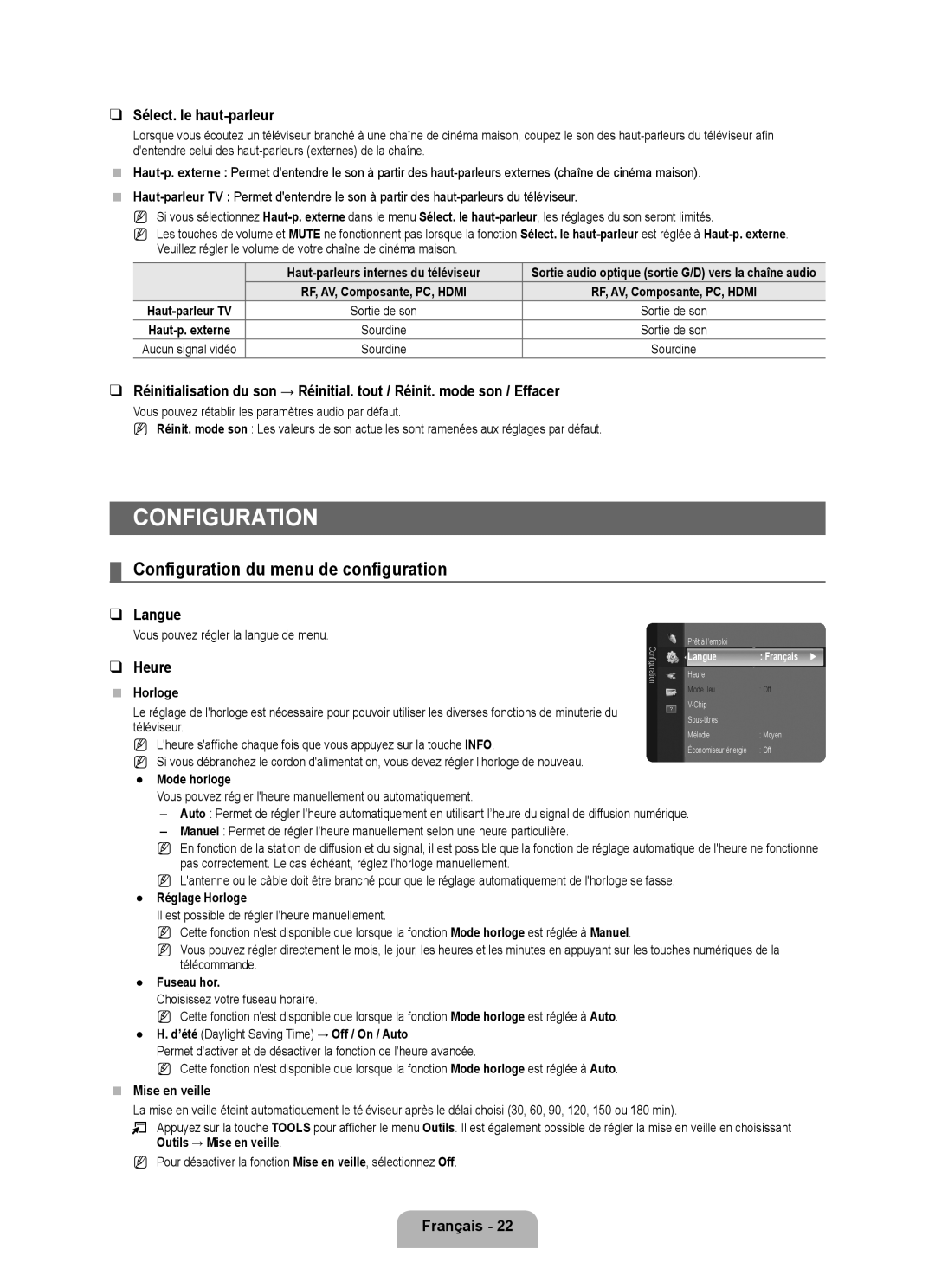 Samsung LN46B500, LN40B500 user manual Configuration du menu de configuration, Sélect. le haut-parleur, Langue, Heure 