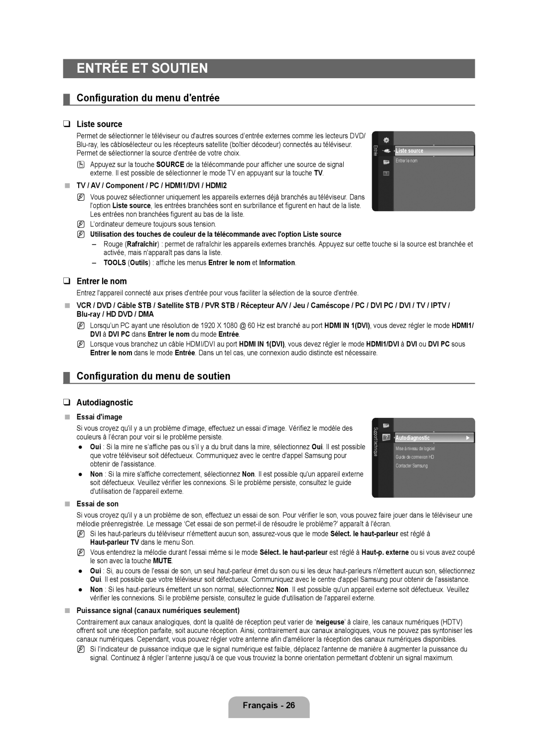 Samsung LN46B500, LN40B500 user manual Entrée et soutien, Configuration du menu dentrée, Configuration du menu de soutien 