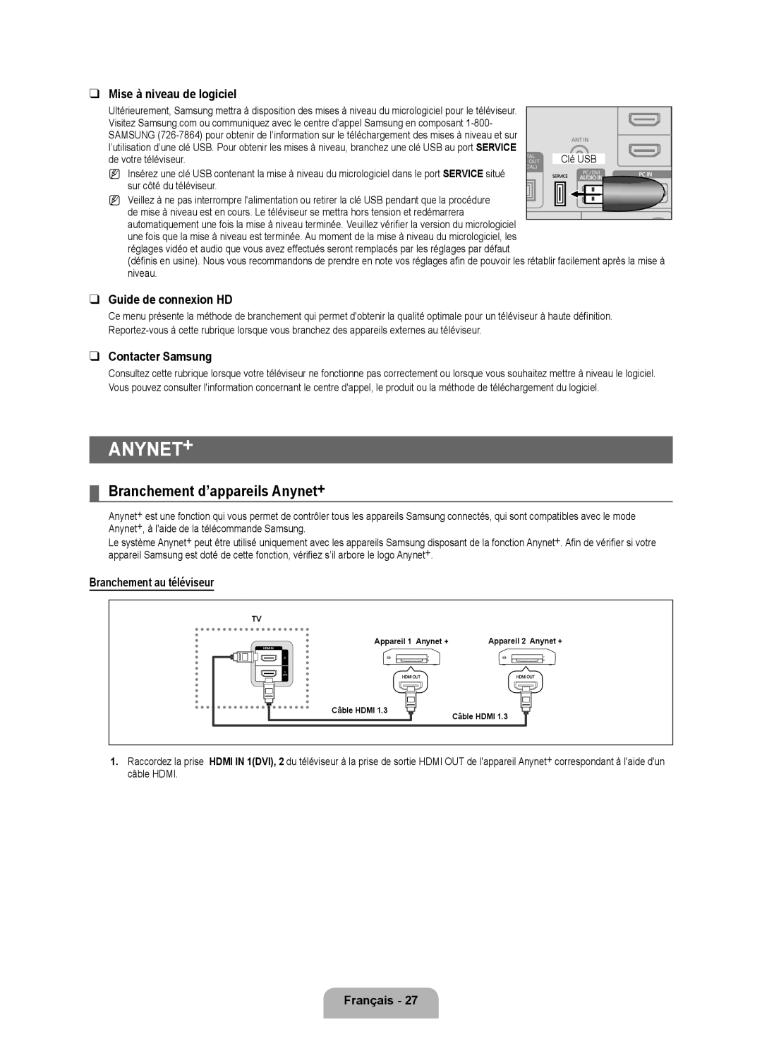 Samsung LN40B500 Branchement d’appareils Anynet+, Mise à niveau de logiciel, Guide de connexion HD, Contacter Samsung 