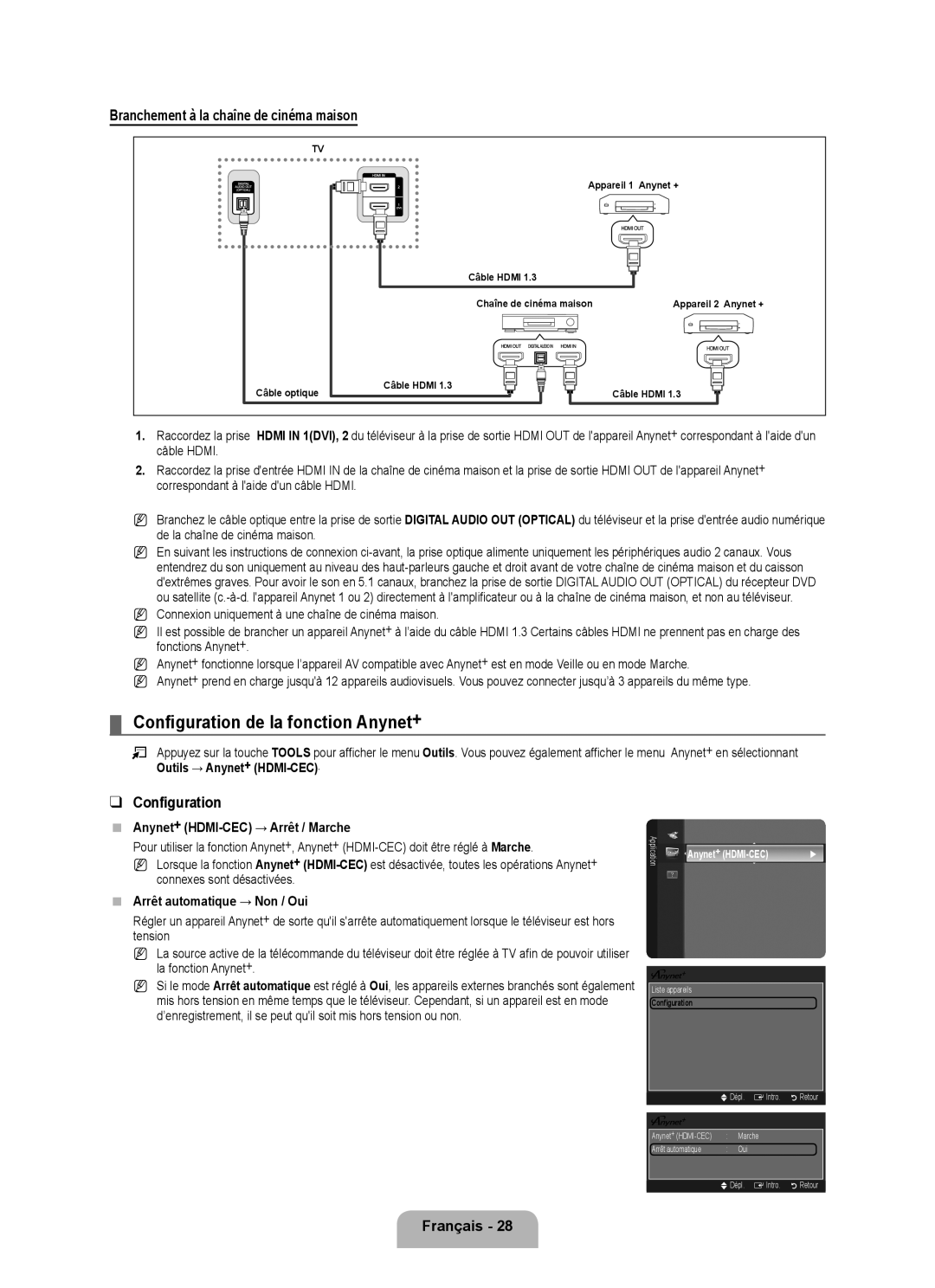 Samsung LN46B500, LN40B500 user manual Configuration de la fonction Anynet+, Branchement à la chaîne de cinéma maison 