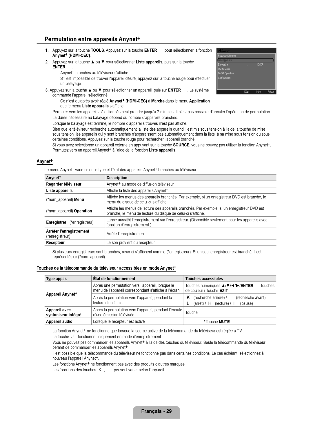 Samsung LN40B500, LN46B500 user manual Permutation entre appareils Anynet+ 